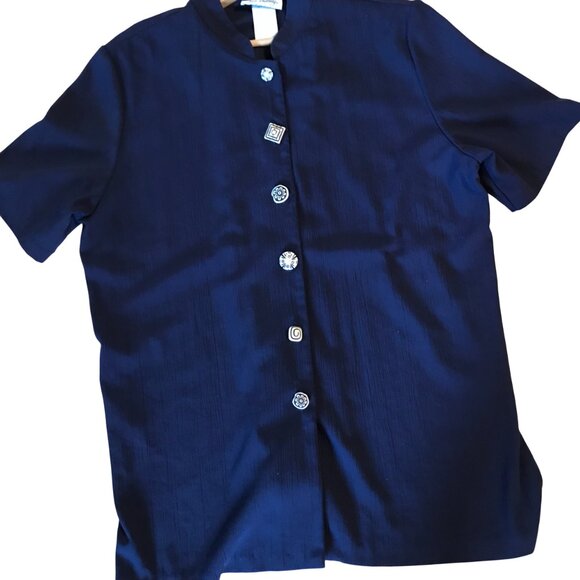 Two Twenty Vintage Rayon Blend Tunic: Dark Blue Blazer, Unique Buttons, Size 18 - Picture 8 of 9